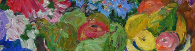 Ausschnitt: Obst im Topf mit Sommerblumen, 2000